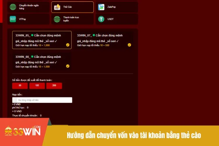 Hướng dẫn chuyển vốn vào tài khoản bằng thẻ cào