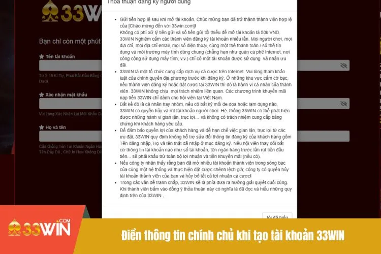 Điền thông tin chính chủ khi tạo tài khoản 33WIN