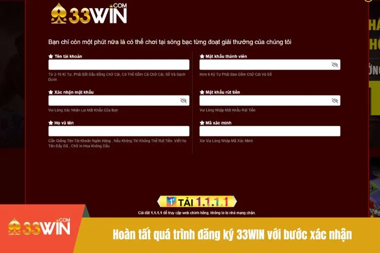 Hoàn tất quá trình đăng ký 33WIN với bước xác nhận