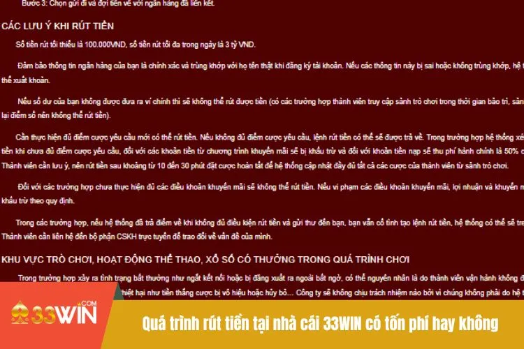 Quá trình rút tiền tại nhà cái 33WIN có tốn phí hay không